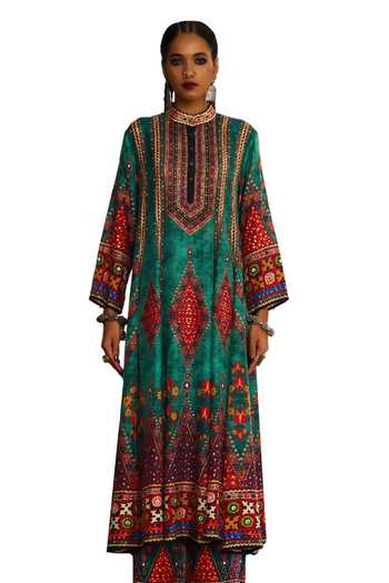 Rajdeep Ranawat Green Silk Embroidery Bandeau Neck Tribal Print Anarkali Online at Aza Fashions Rajdeep Ranawat_Green Silk Embroidery Bandeau Neck Tribal Print Anarkali _Online_at_Aza_Fashions