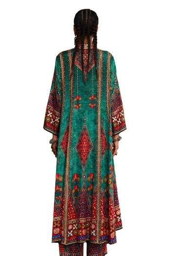 Shop Rajdeep Ranawat Green Silk Embroidery Bandeau Neck Tribal Print Anarkali Online at Aza Fashions Shop_Rajdeep Ranawat_Green Silk Embroidery Bandeau Neck Tribal Print Anarkali _Online_at_Aza_Fashions