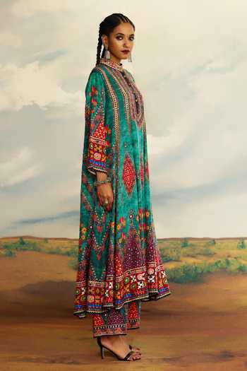 Rajdeep Ranawat Green Silk Embroidery Bandeau Neck Tribal Print Anarkali at Aza Fashions Rajdeep Ranawat_Green Silk Embroidery Bandeau Neck Tribal Print Anarkali _at_Aza_Fashions