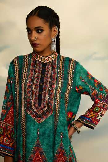 Buy Rajdeep Ranawat Green Silk Embroidery Bandeau Neck Tribal Print Anarkali Buy_Rajdeep Ranawat_Green Silk Embroidery Bandeau Neck Tribal Print Anarkali