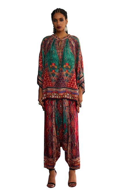 Rajdeep Ranawat_Grey Silk Embroidery Bandeau Neck Tribal Print Poncho Tunic _Online_at_Aza_Fashions