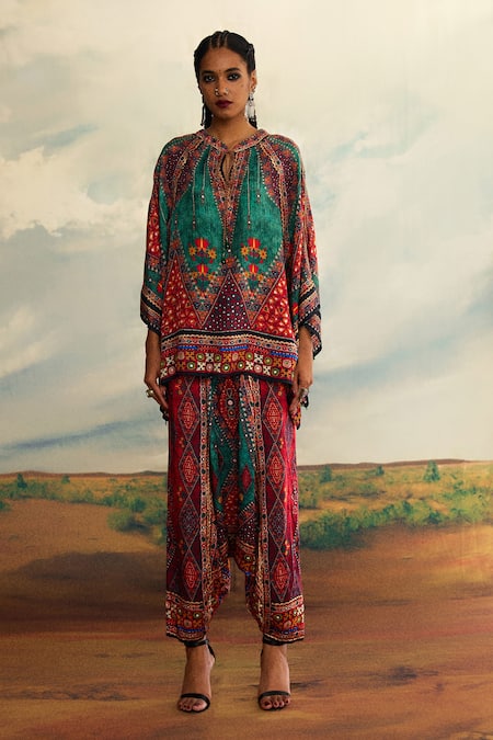 Buy_Rajdeep Ranawat_Grey Silk Embroidery Bandeau Neck Tribal Print Poncho Tunic _Online_at_Aza_Fashions