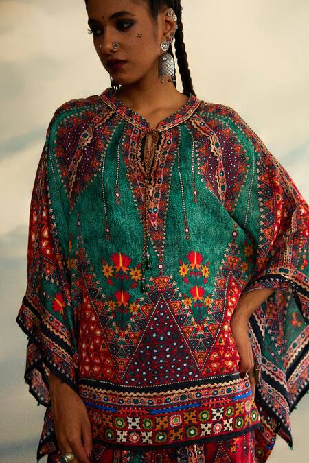 Shop_Rajdeep Ranawat_Grey Silk Embroidery Bandeau Neck Tribal Print Poncho Tunic 