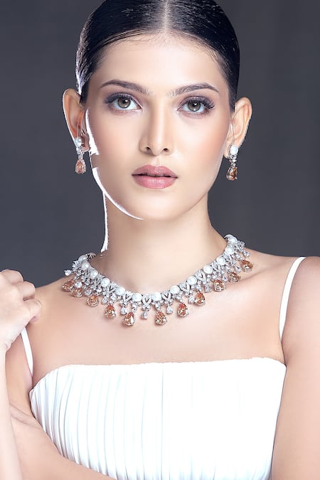 Moh-Maya By Disha Khatri Silver Plated Pearls, Zari Zircon And Embellished Necklace Set 