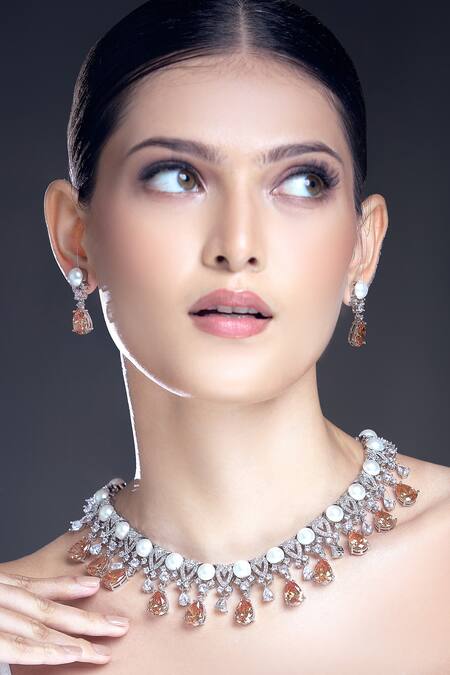 Buy Moh-Maya By Disha Khatri Silver Plated Pearls, Zari Zircon And Embellished Necklace Set Online at Aza Fashions Buy_Moh-Maya By Disha Khatri_Silver Plated Pearls, Zari Zircon And Embellished Necklace Set _Online_at_Aza_Fashions