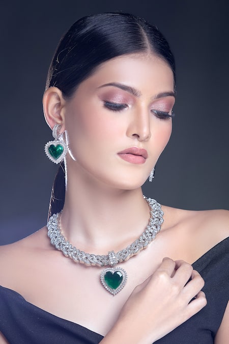 Moh-Maya By Disha Khatri Silver Plated Zari Zircon And Emerald Stone Embellished Necklace Set 