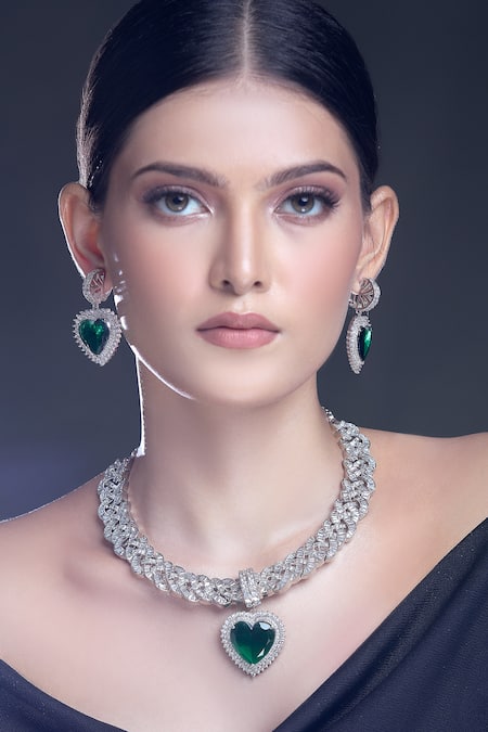 Moh-Maya By Disha Khatri_Silver Plated Zari Zircon And Emerald Stone Embellished Necklace Set _at_Aza_Fashions
