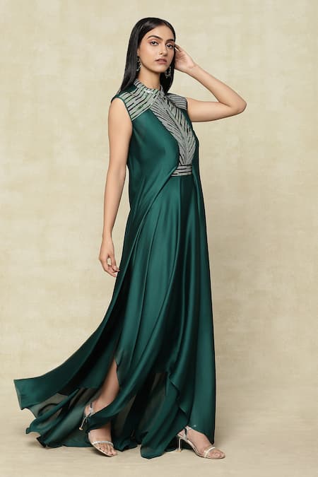 Shop Amit Aggarwal Emerald Green Embroidery, Metallic Thread Bandeau Neck Embellished Dress Online at Aza Fashions Shop_Amit Aggarwal_Emerald Green Embroidery, Metallic Thread Bandeau Neck Embellished Dress _Online_at_Aza_Fashions