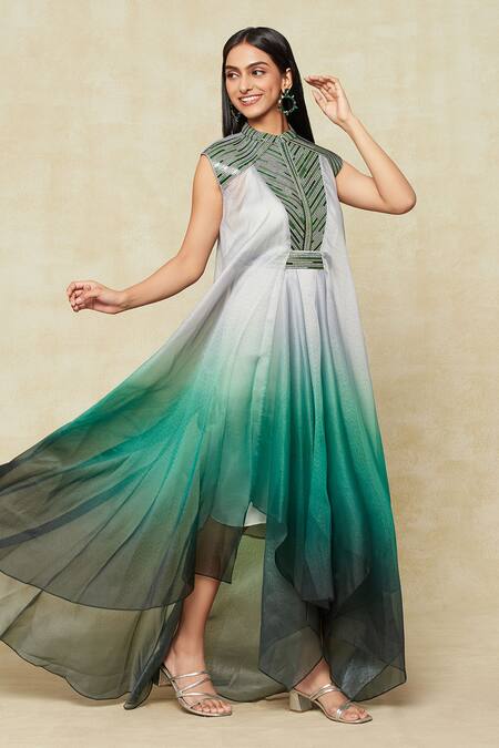 Shop_Amit Aggarwal_Emerald Green Metallic Thread Collared Embellished Ombre Dress _Online_at_Aza_Fashions