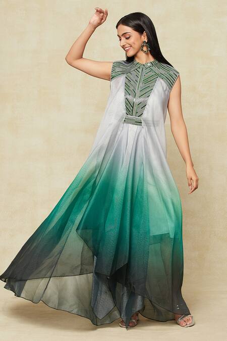 Amit Aggarwal_Emerald Green Metallic Thread Collared Embellished Ombre Dress _at_Aza_Fashions