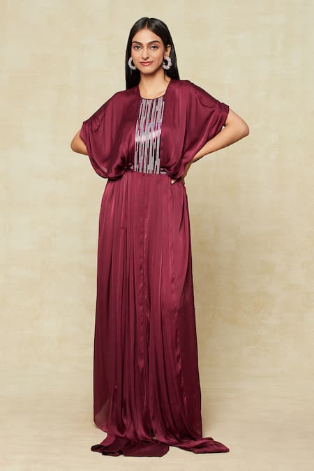 Shop Amit Aggarwal Purple Round Neck Metallic Embellished Kaftan Online at Aza Fashions Shop_Amit Aggarwal_Purple Round Neck Metallic Embellished Kaftan _Online_at_Aza_Fashions