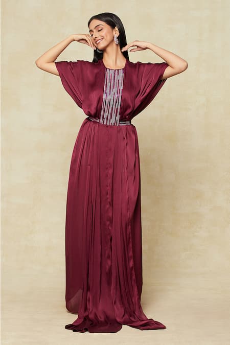 Amit Aggarwal Purple Round Neck Metallic Embellished Kaftan at Aza Fashions Amit Aggarwal_Purple Round Neck Metallic Embellished Kaftan _at_Aza_Fashions