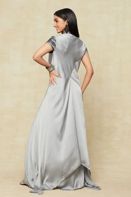 Amit Aggarwal Grey Silk Sequins, Metallic Thread Bandeau Embellished Yoke Handkerchief Dress Online at Aza Fashions Amit Aggarwal_Grey Silk Sequins, Metallic Thread Bandeau Embellished Yoke Handkerchief Dress _Online_at_Aza_Fashions