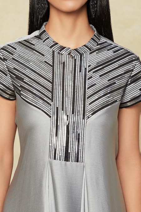 Buy Amit Aggarwal Grey Silk Sequins, Metallic Thread Bandeau Embellished Yoke Handkerchief Dress Online at Aza Fashions Buy_Amit Aggarwal_Grey Silk Sequins, Metallic Thread Bandeau Embellished Yoke Handkerchief Dress _Online_at_Aza_Fashions