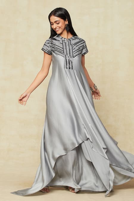 Shop Amit Aggarwal Grey Silk Sequins, Metallic Thread Bandeau Embellished Yoke Handkerchief Dress Online at Aza Fashions Shop_Amit Aggarwal_Grey Silk Sequins, Metallic Thread Bandeau Embellished Yoke Handkerchief Dress _Online_at_Aza_Fashions