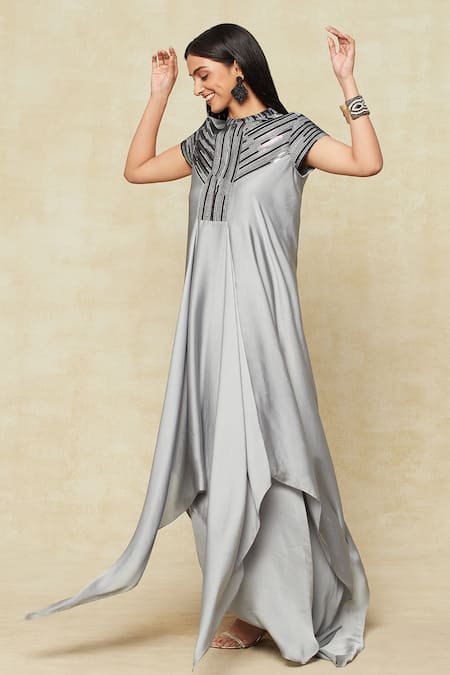 Amit Aggarwal Grey Silk Sequins, Metallic Thread Bandeau Embellished Yoke Handkerchief Dress at Aza Fashions Amit Aggarwal_Grey Silk Sequins, Metallic Thread Bandeau Embellished Yoke Handkerchief Dress _at_Aza_Fashions