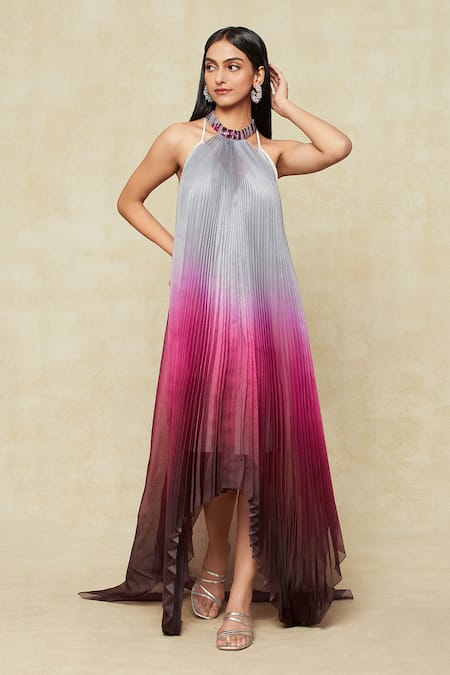 Amit Aggarwal Maroon Halter Neck Pleated Dress 