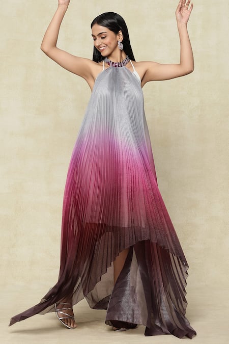 Shop Amit Aggarwal Maroon Halter Neck Pleated Dress Online at Aza Fashions Shop_Amit Aggarwal_Maroon Halter Neck Pleated Dress _Online_at_Aza_Fashions