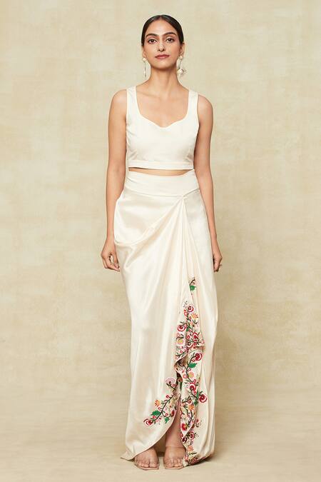 Anamika Khanna White Silk, Satin Tassels, Embroidery Asymmetric, Round Neck Cape Skirt Set Online at Aza Fashions Anamika Khanna_White Silk, Satin Tassels, Embroidery Asymmetric, Round Neck Cape Skirt Set_Online_at_Aza_Fashions