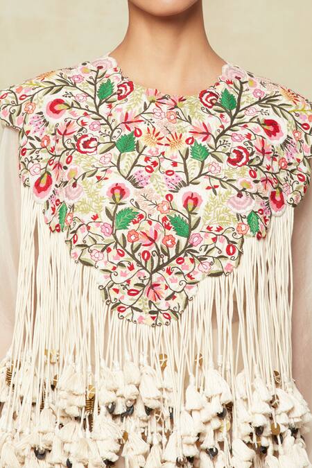 Shop Anamika Khanna White Silk, Satin Tassels, Embroidery Asymmetric, Round Neck Cape Skirt Set Online at Aza Fashions Shop_Anamika Khanna_White Silk, Satin Tassels, Embroidery Asymmetric, Round Neck Cape Skirt Set_Online_at_Aza_Fashions