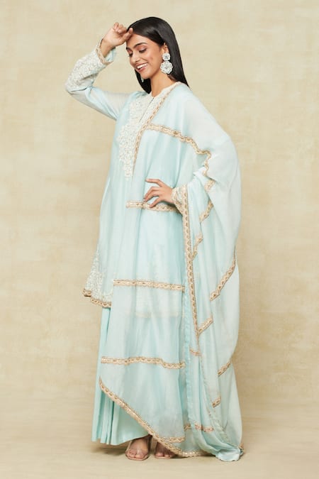 Anamika Khanna Blue Embroidered Floral Round Kurta Draped Skirt Set 