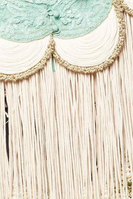 Anamika Khanna Blue Silk Tassels, Beads Round Neck Embroidered Cape And Draped Skirt Set Online at Aza Fashions Anamika Khanna_Blue Silk Tassels, Beads Round Neck Embroidered Cape And Draped Skirt Set_Online_at_Aza_Fashions