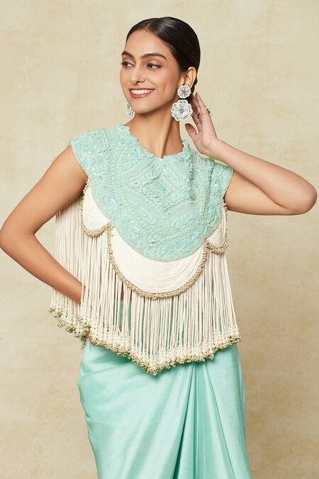 Shop Anamika Khanna Blue Silk Tassels, Beads Round Neck Embroidered Cape And Draped Skirt Set Online at Aza Fashions Shop_Anamika Khanna_Blue Silk Tassels, Beads Round Neck Embroidered Cape And Draped Skirt Set_Online_at_Aza_Fashions