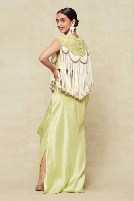 Shop Anamika Khanna Green Satin Tassels, Beads Embroidered Cape With Draped Skirt Set at Aza Fashions Shop_Anamika Khanna_Green Satin Tassels, Beads Embroidered Cape With Draped Skirt Set_at_Aza_Fashions
