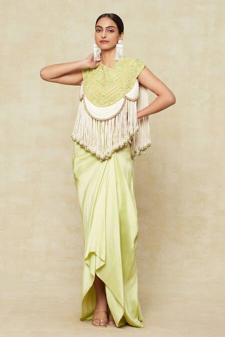 Shop Anamika Khanna Green Satin Tassels, Beads Embroidered Cape With Draped Skirt Set Online at Aza Fashions Shop_Anamika Khanna_Green Satin Tassels, Beads Embroidered Cape With Draped Skirt Set_Online_at_Aza_Fashions