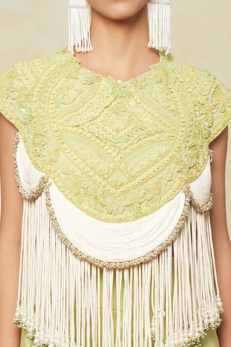 Anamika Khanna Green Satin Tassels, Beads Embroidered Cape With Draped Skirt Set at Aza Fashions Anamika Khanna_Green Satin Tassels, Beads Embroidered Cape With Draped Skirt Set_at_Aza_Fashions