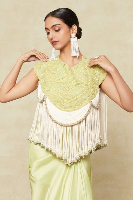 Buy Anamika Khanna Green Satin Tassels, Beads Embroidered Cape With Draped Skirt Set Buy_Anamika Khanna_Green Satin Tassels, Beads Embroidered Cape With Draped Skirt Set