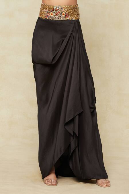 Anamika Khanna_Black Chiffon Sequins, Beads, Embroidery High Neck Jacket And Draped Skirt Set_Online_at_Aza_Fashions