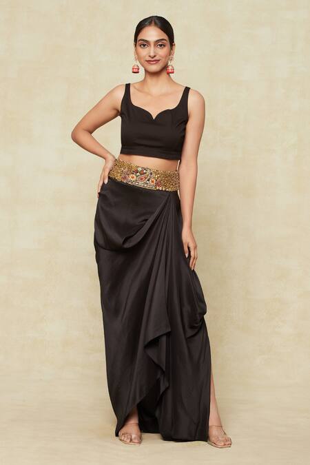 Buy_Anamika Khanna_Black Chiffon Sequins, Beads, Embroidery High Neck Jacket And Draped Skirt Set_Online_at_Aza_Fashions