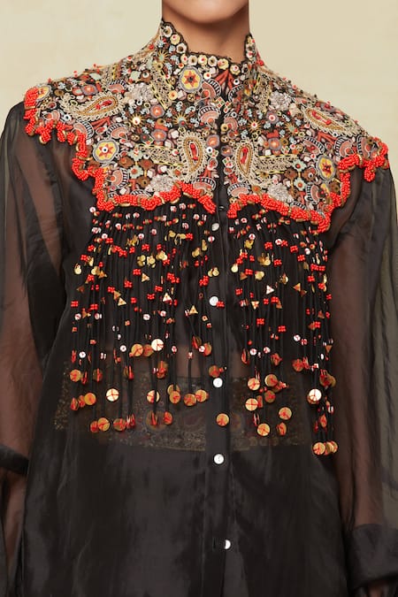 Shop_Anamika Khanna_Black Chiffon Sequins, Beads, Embroidery High Neck Jacket And Draped Skirt Set_Online_at_Aza_Fashions