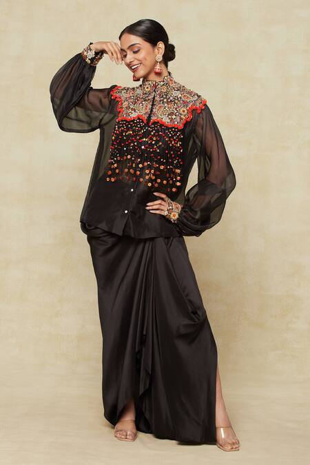 Anamika Khanna_Black Chiffon Sequins, Beads, Embroidery High Neck Jacket And Draped Skirt Set_at_Aza_Fashions