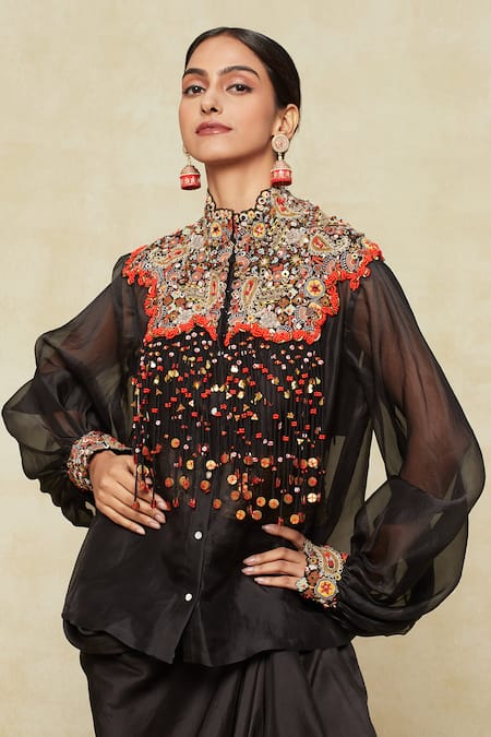 Buy_Anamika Khanna_Black Chiffon Sequins, Beads, Embroidery High Neck Jacket And Draped Skirt Set