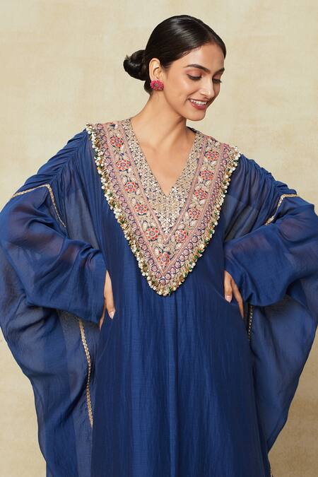 Buy Anamika Khanna Blue Embroidery V-neck Yoke Kaftan Online at Aza Fashions Buy_Anamika Khanna_Blue Embroidery V-neck Yoke Kaftan_Online_at_Aza_Fashions