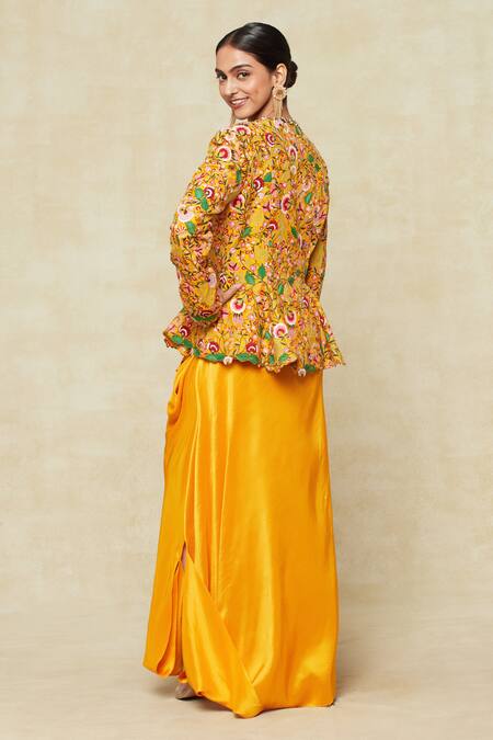 Shop_Anamika Khanna_Yellow Cotton Embroidery, Ruffles V-neck Floral Peplum Top And Draped Skirt _at_Aza_Fashions