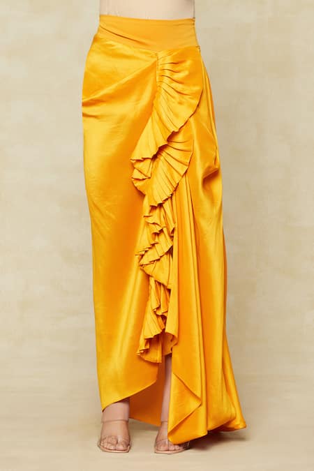 Anamika Khanna_Yellow Cotton Embroidery, Ruffles V-neck Floral Peplum Top And Draped Skirt _Online_at_Aza_Fashions