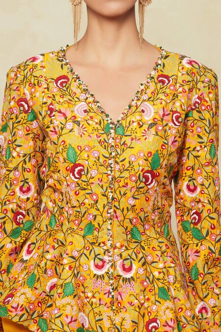 Buy_Anamika Khanna_Yellow Cotton Embroidery, Ruffles V-neck Floral Peplum Top And Draped Skirt _Online_at_Aza_Fashions