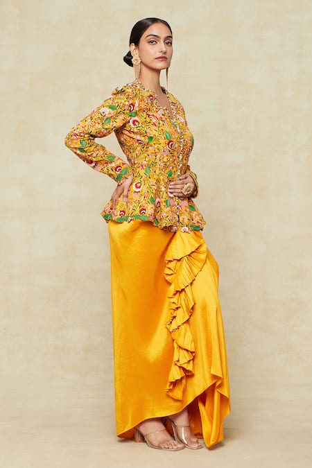 Shop_Anamika Khanna_Yellow Cotton Embroidery, Ruffles V-neck Floral Peplum Top And Draped Skirt _Online_at_Aza_Fashions