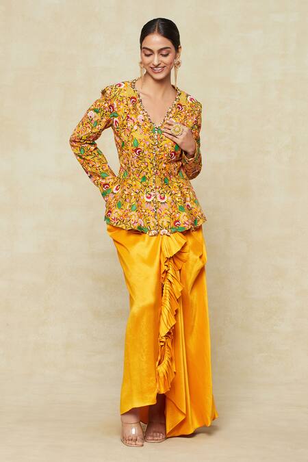 Anamika Khanna_Yellow Cotton Embroidery, Ruffles V-neck Floral Peplum Top And Draped Skirt _at_Aza_Fashions