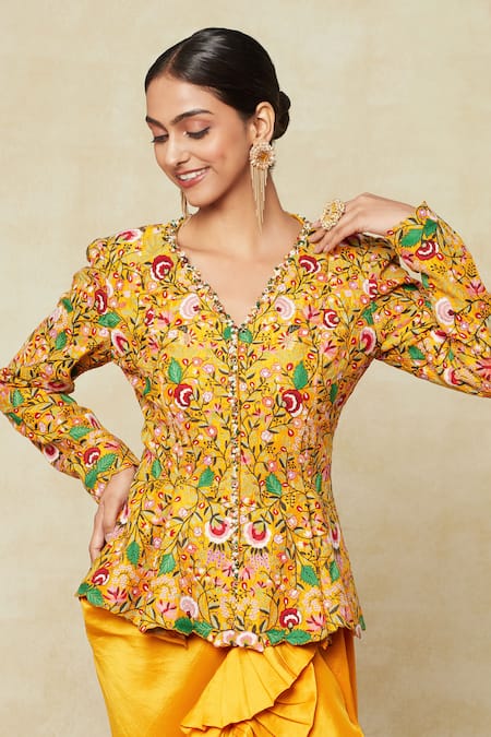 Buy_Anamika Khanna_Yellow Cotton Embroidery, Ruffles V-neck Floral Peplum Top And Draped Skirt 