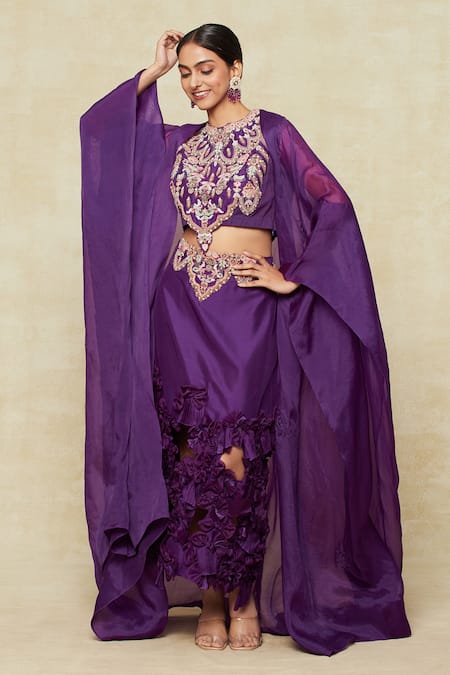 Anamika Khanna Purple Embroidered Round Skirt Cape Set 