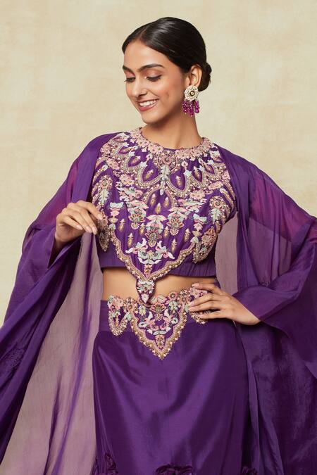 Shop Anamika Khanna Purple Silk Applique, Embroidery Round Neck Skirt Cape Set Online at Aza Fashions Shop_Anamika Khanna_Purple Silk Applique, Embroidery Round Neck Skirt Cape Set_Online_at_Aza_Fashions