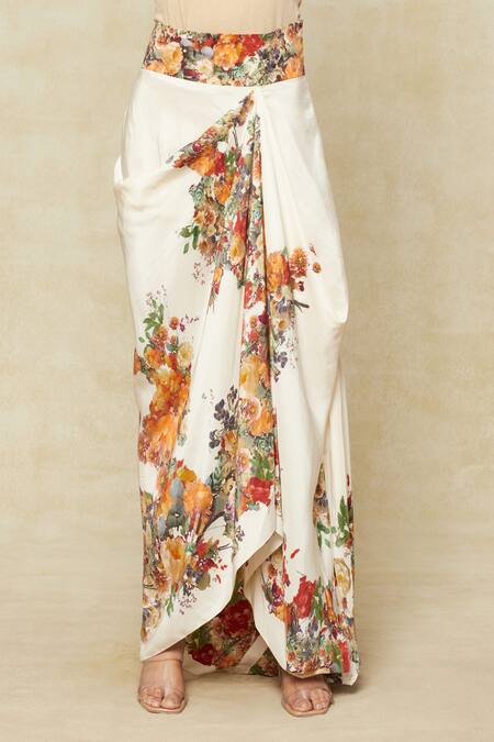 Anamika Khanna White Embroidery Floral Print Cape Draped Skirt Set Online at Aza Fashions Anamika Khanna_White Embroidery Floral Print Cape Draped Skirt Set_Online_at_Aza_Fashions