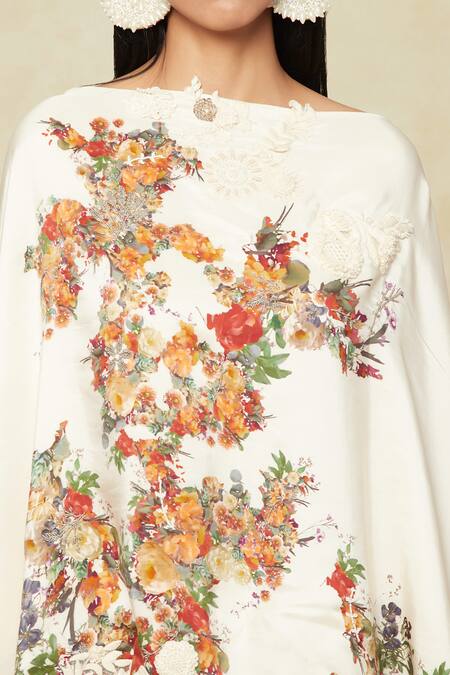 Buy Anamika Khanna White Embroidery Floral Print Cape Draped Skirt Set Online at Aza Fashions Buy_Anamika Khanna_White Embroidery Floral Print Cape Draped Skirt Set_Online_at_Aza_Fashions