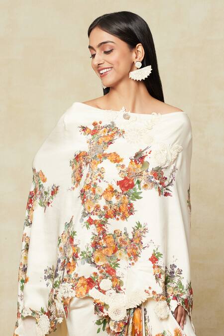 Shop Anamika Khanna White Embroidery Floral Print Cape Draped Skirt Set Online at Aza Fashions Shop_Anamika Khanna_White Embroidery Floral Print Cape Draped Skirt Set_Online_at_Aza_Fashions