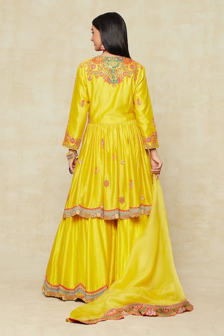 Shop Debyani + CO Yellow Silk Embroidery Round Neck Peplum Kurta Sharara Set at Aza Fashions Shop_Debyani + CO_Yellow Silk Embroidery Round Neck Peplum Kurta Sharara Set _at_Aza_Fashions