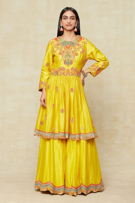 Buy Debyani + CO Yellow Silk Embroidery Round Neck Peplum Kurta Sharara Set Online at Aza Fashions Buy_Debyani + CO_Yellow Silk Embroidery Round Neck Peplum Kurta Sharara Set _Online_at_Aza_Fashions